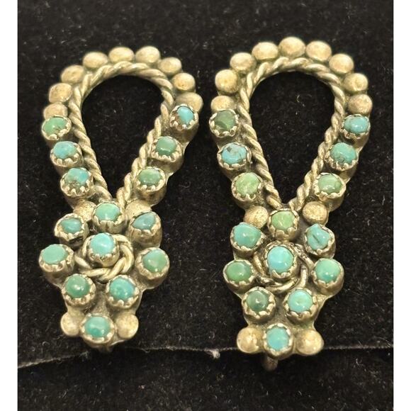 Vintage Zuni Sterling Petit Point Turquoise Flower/Hoop Screw Back Earrings - Picture 3 of 6